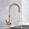 Gold Swivel Kitchen Faucet — Pull-Down Sprayer, Brass