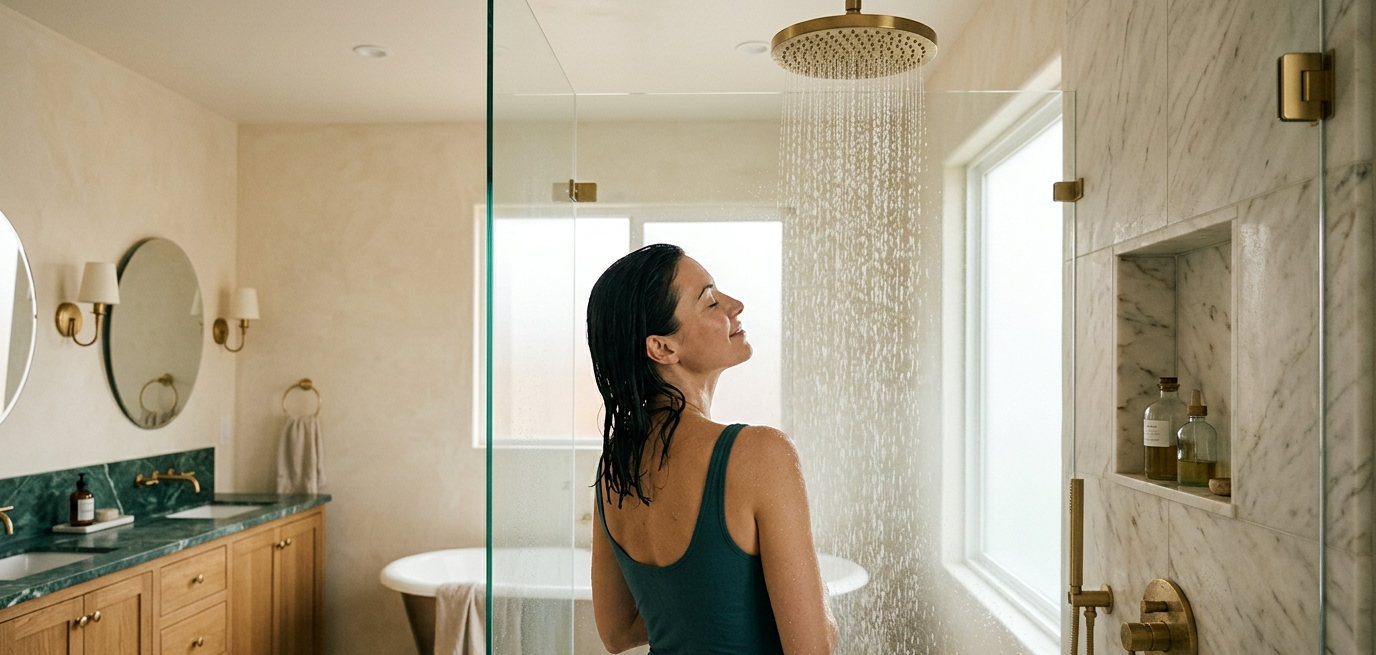 Woman standing in a modern bathroom with a glass shower enclosure.