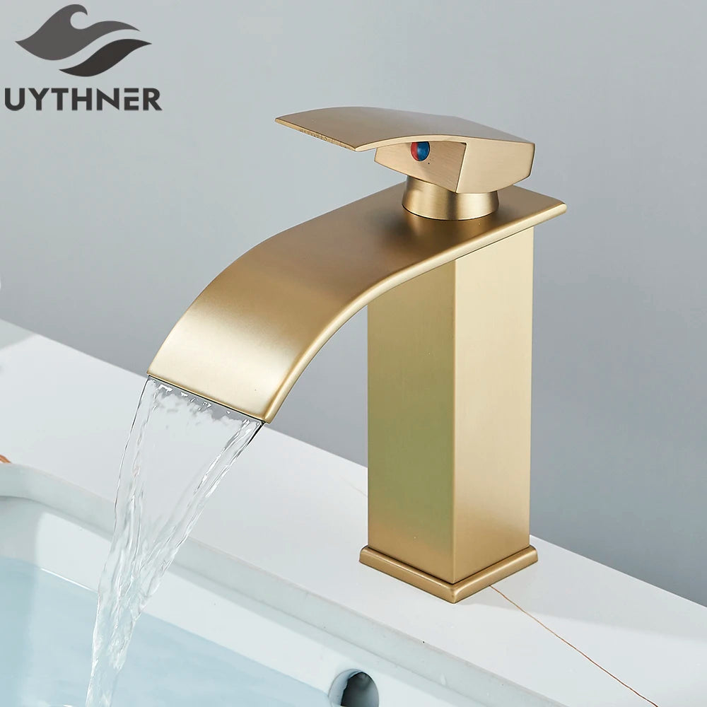 Brushed Gold Waterfall Bathroom Faucet — Single Lever Brass
