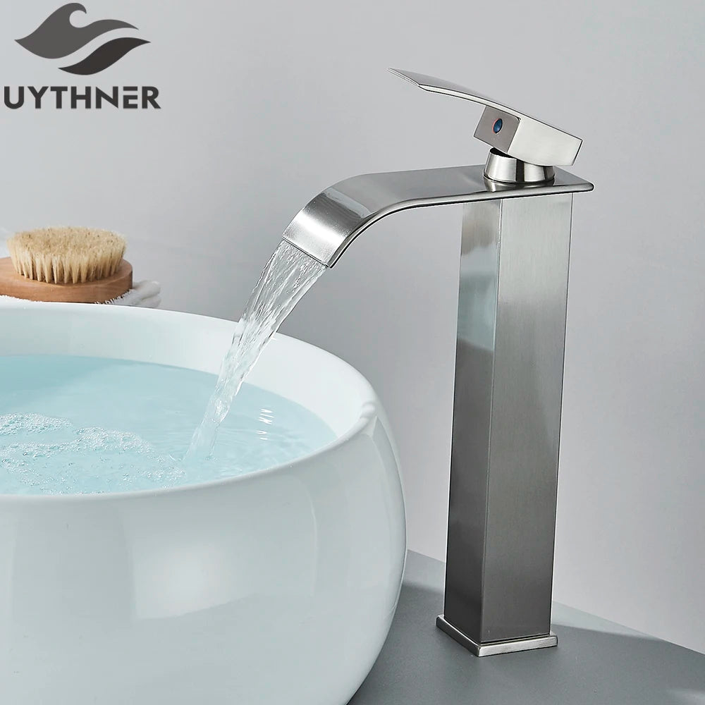 Brushed Gold Waterfall Bathroom Faucet — Single Lever Brass