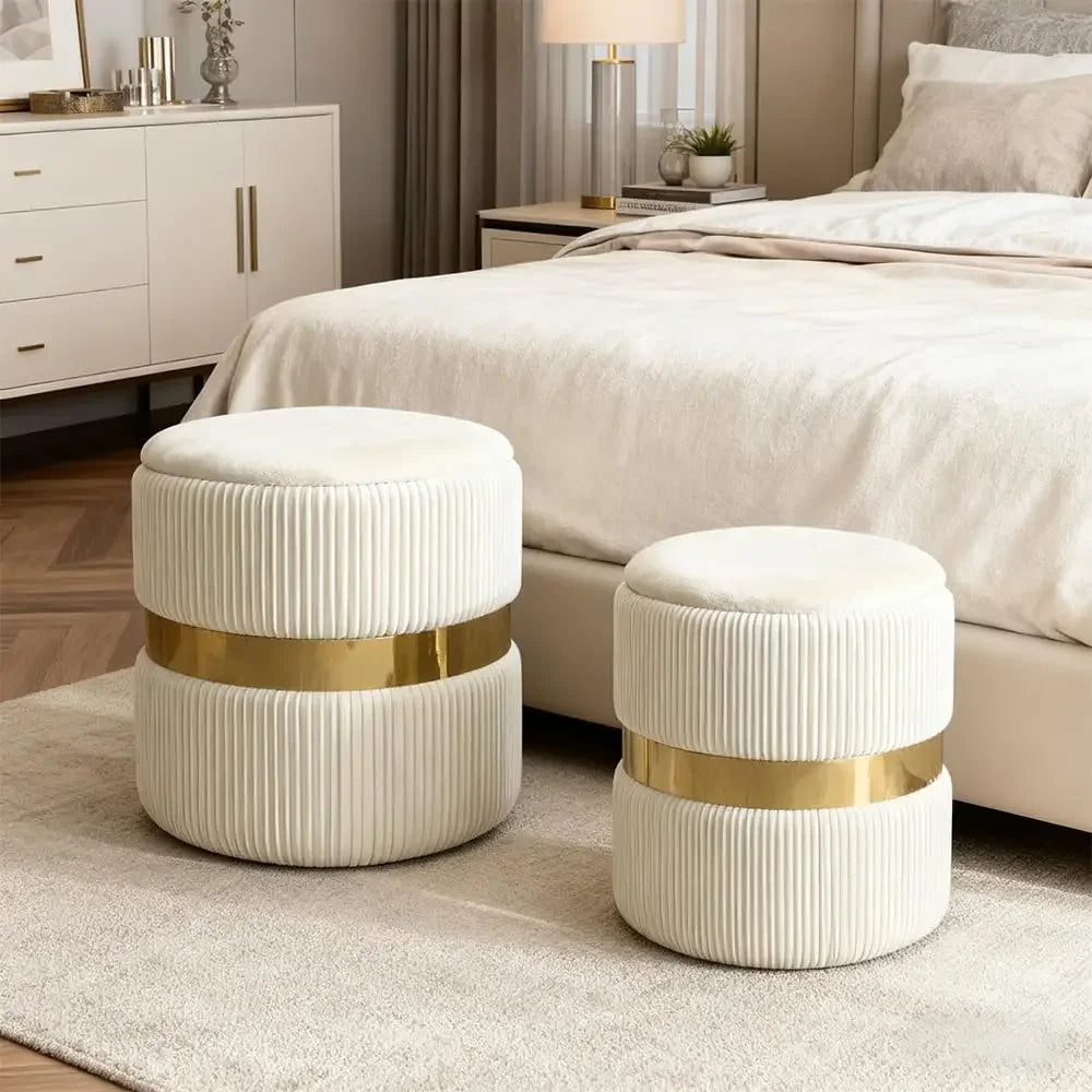 Round Velvet Ottoman Set of 2 — White & Gold
