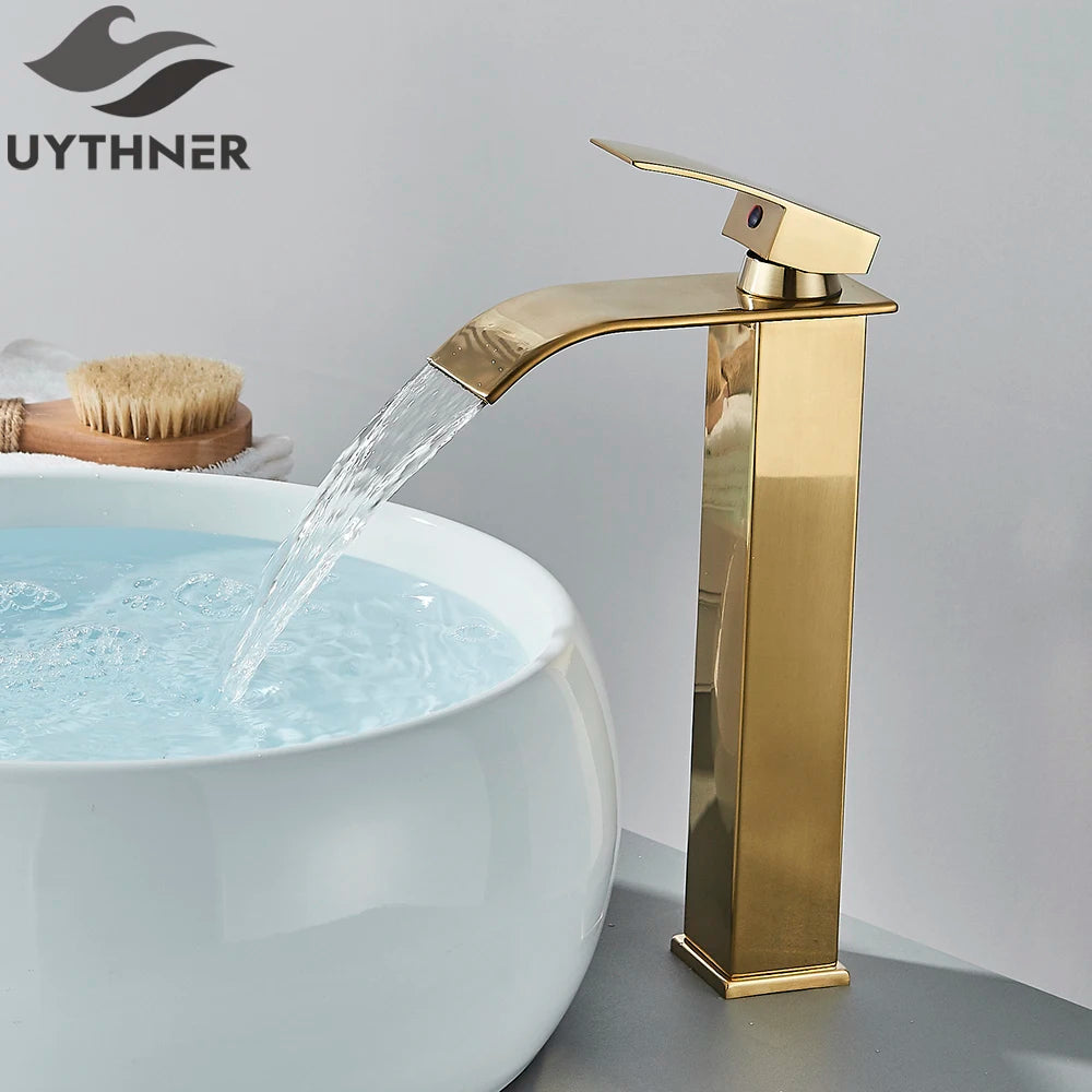 Brushed Gold Waterfall Bathroom Faucet — Single Lever Brass