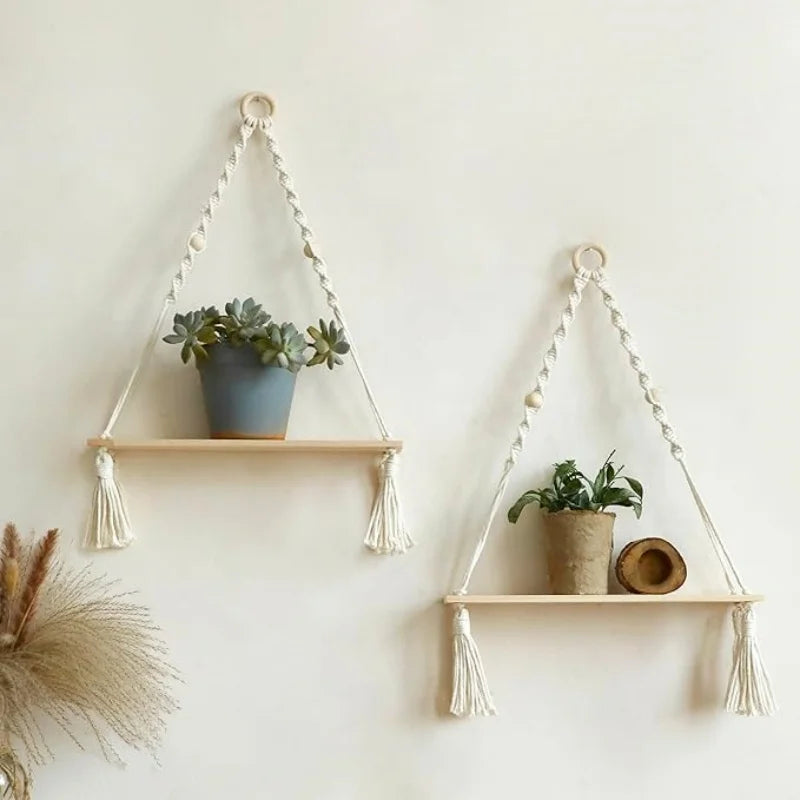 Boho Macrame Floating Wall Shelf — Rustic Wood Plant Shelf
