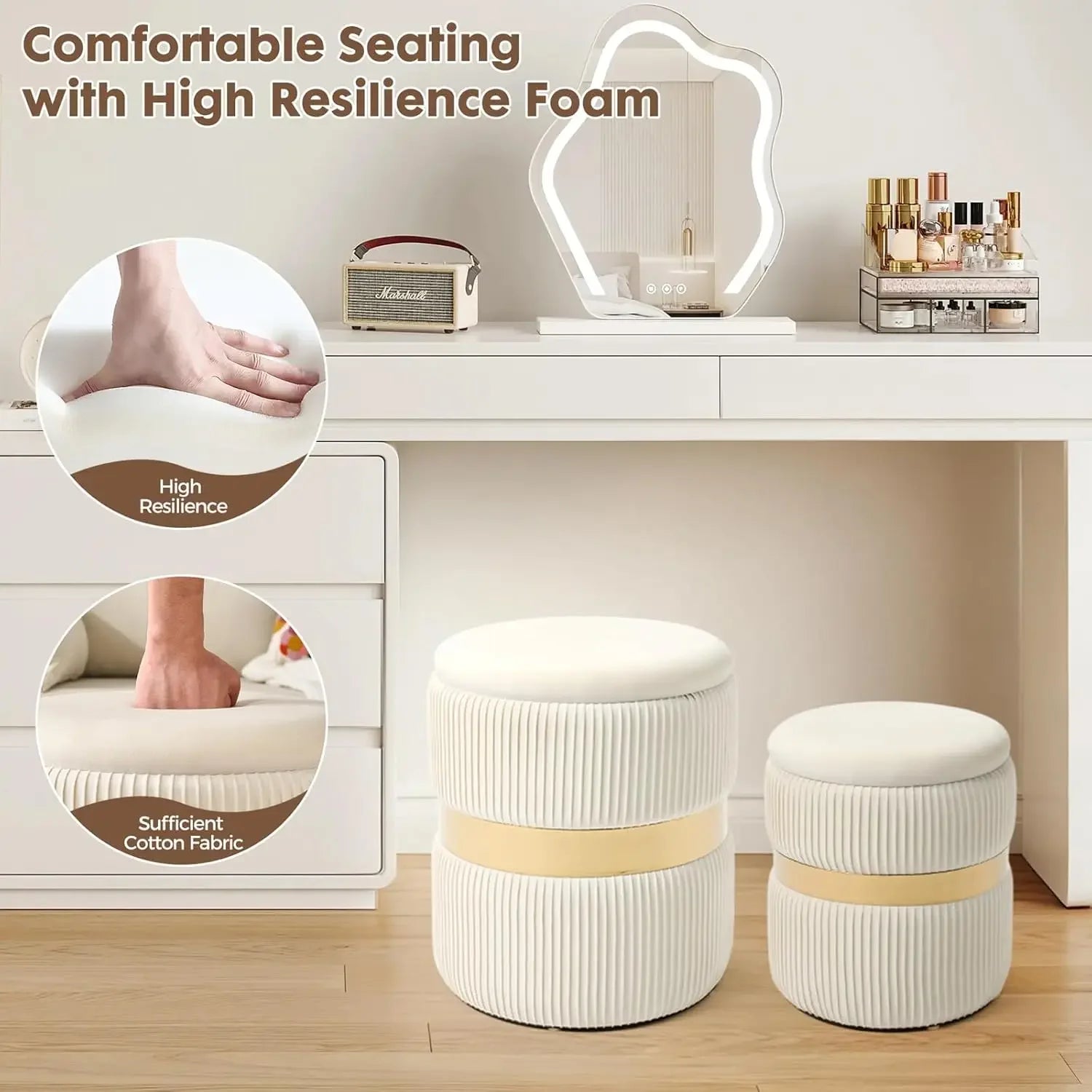 Round Velvet Ottoman Set of 2 — White & Gold
