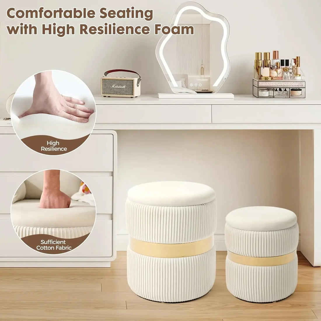 Round Velvet Ottoman Set of 2 — White & Gold