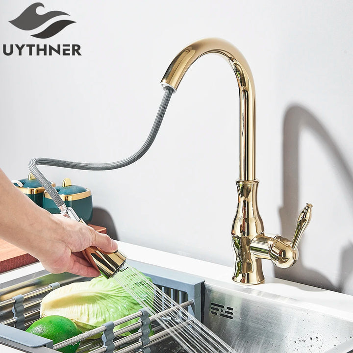 Gold Swivel Kitchen Faucet — Pull-Down Sprayer, Brass