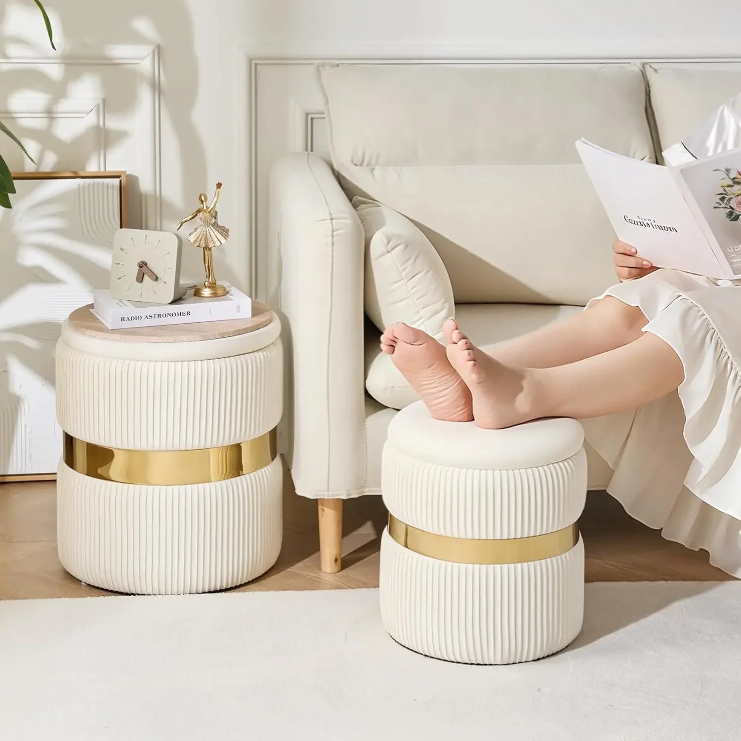 Round Velvet Ottoman Set of 2 — White & Gold