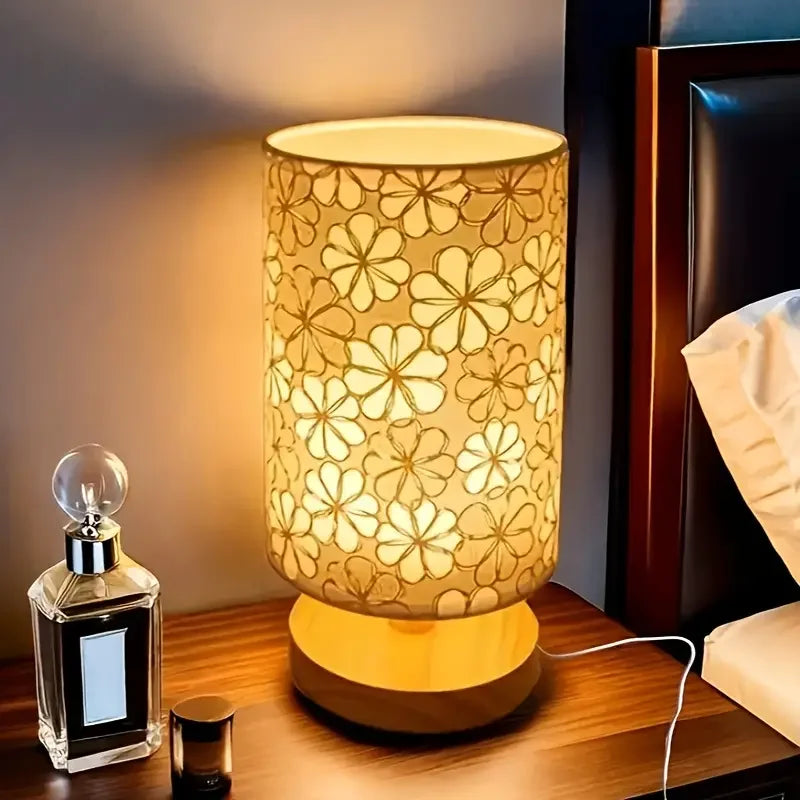 Fabric Table Lamp with Wooden Base — USB, 3-Tone Light