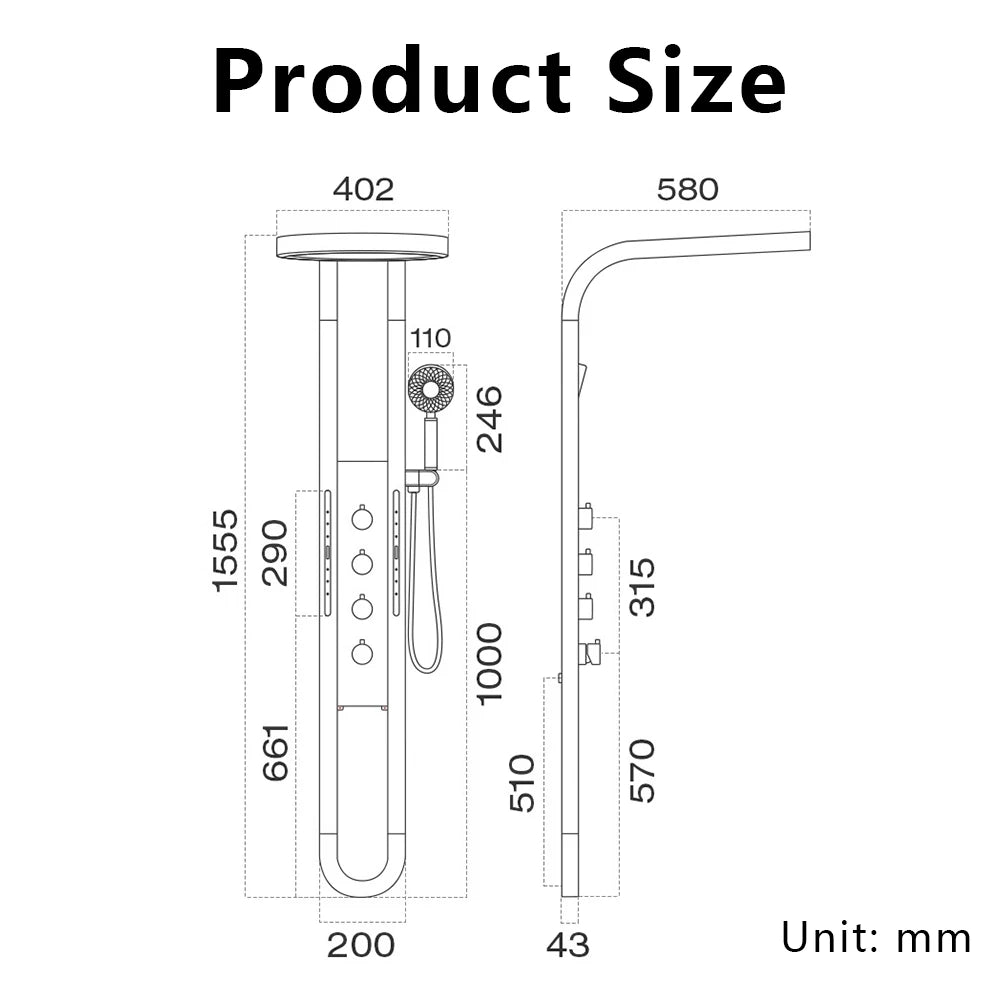 Rainfall Shower Panel System — SPA Massage Jets, LED Display