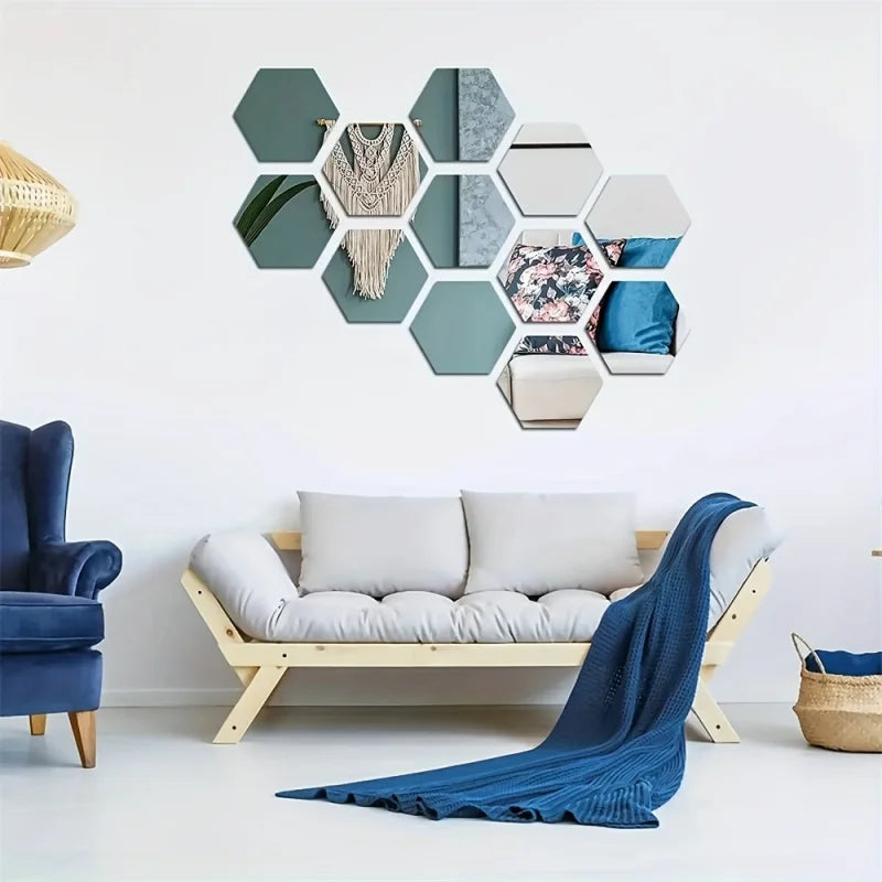 Hexagonal 3D Mirror Wall Stickers — Set of 12, Self-Adhesive