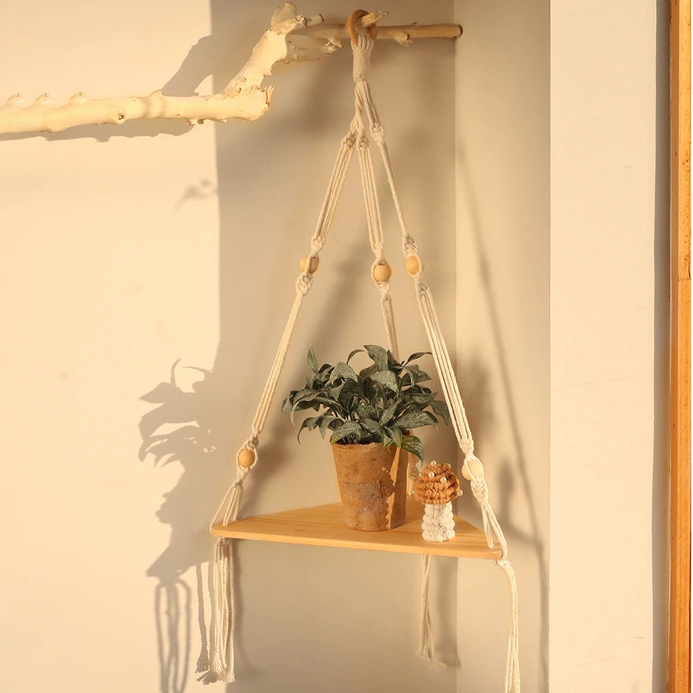 Boho Macrame Corner Shelf — Floating Wood Wall Shelf