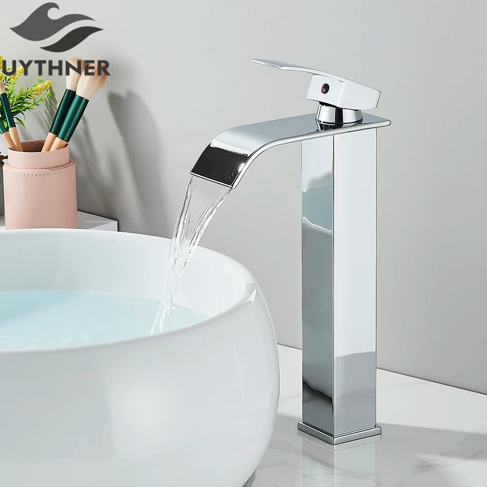 Brushed Gold Waterfall Bathroom Faucet — Single Lever Brass