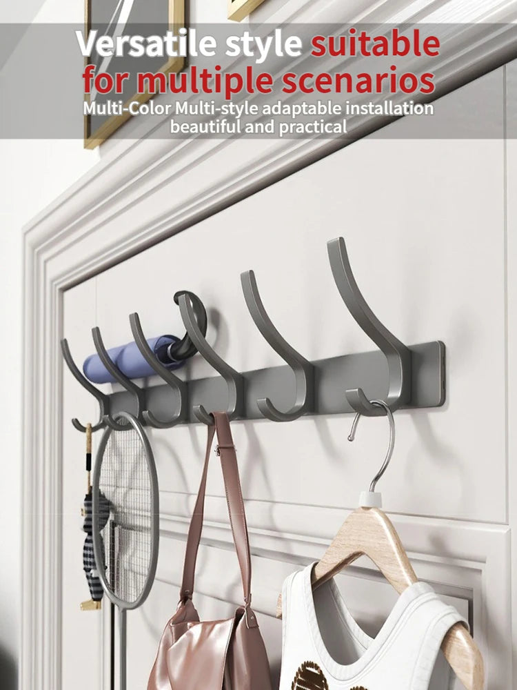 Punch-Free Door Back Hook Organizer — 6-Hook Aluminum Hanger