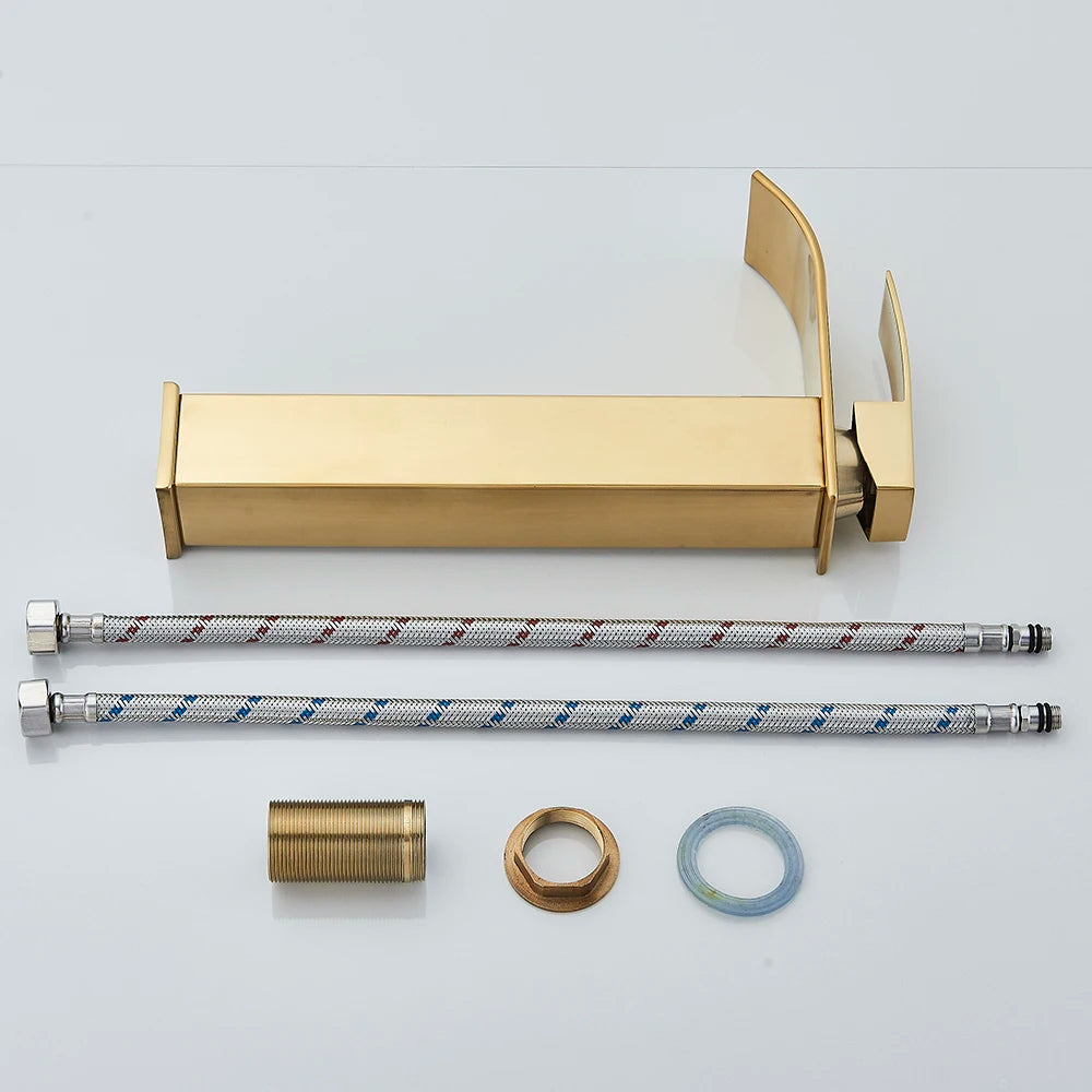 Brushed Gold Waterfall Bathroom Faucet — Single Lever Brass