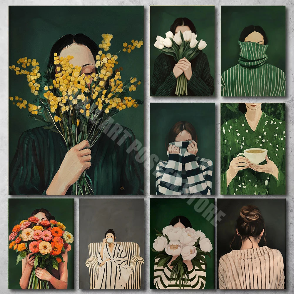 Emerald Abstract Woman with Flowers Canvas Print — Japandi Art