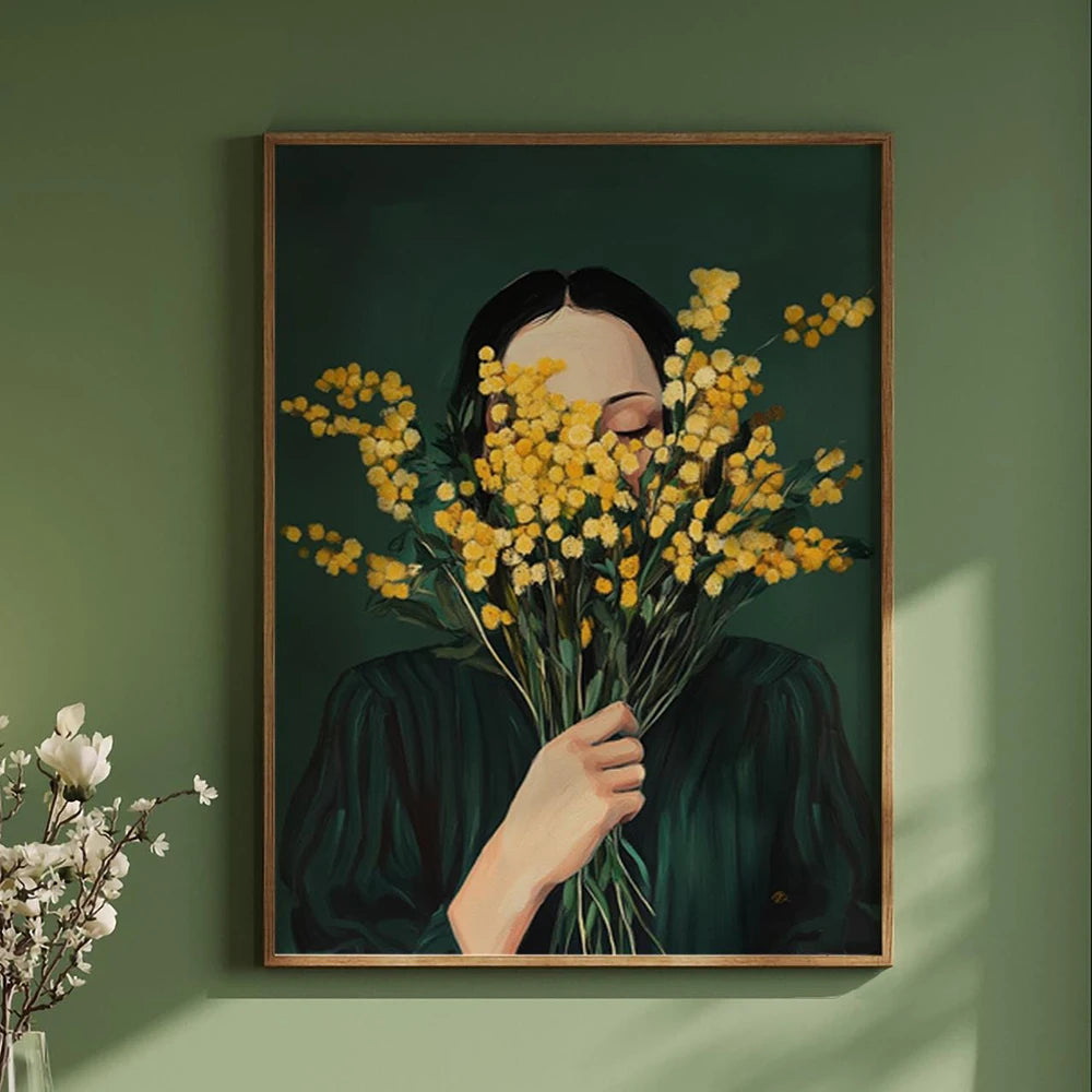 Emerald Abstract Woman with Flowers Canvas Print — Japandi Art