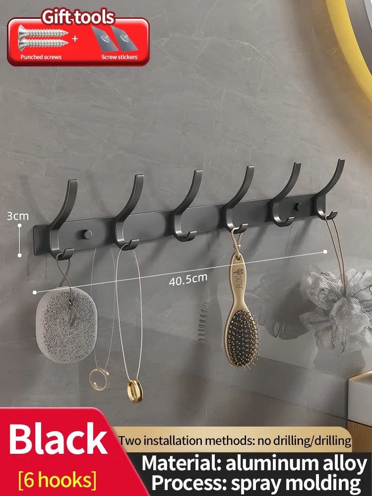 Punch-Free Door Back Hook Organizer — 6-Hook Aluminum Hanger