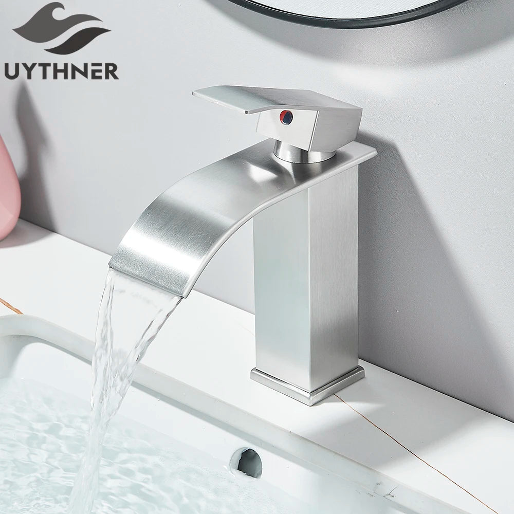 Brushed Gold Waterfall Bathroom Faucet — Single Lever Brass