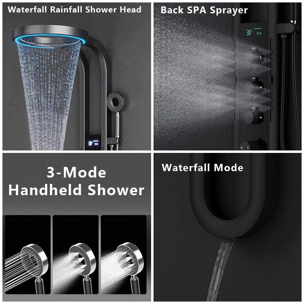 Rainfall Shower Panel System — SPA Massage Jets, LED Display