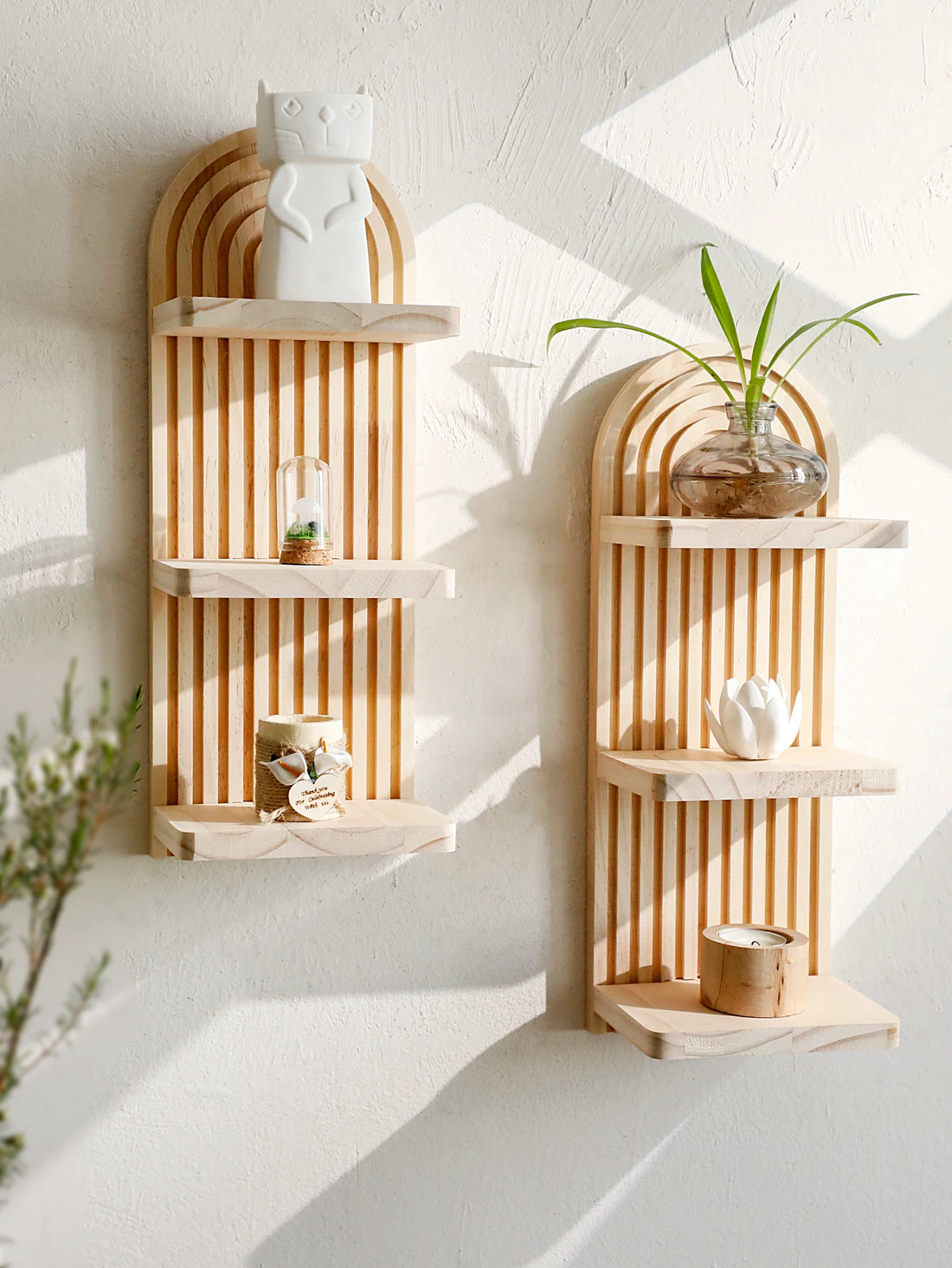 Boho Arch Wood Floating Wall Shelf — 3-Tier Storage Display