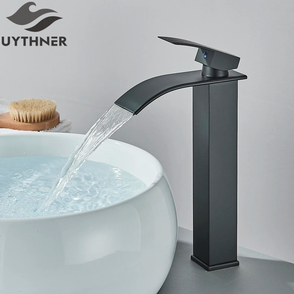 Brushed Gold Waterfall Bathroom Faucet — Single Lever Brass