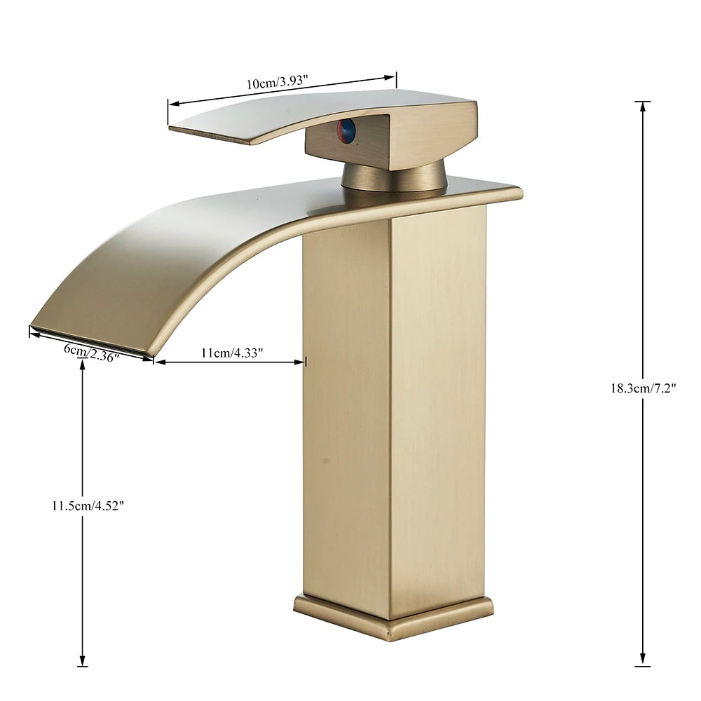 Brushed Gold Waterfall Bathroom Faucet — Single Lever Brass