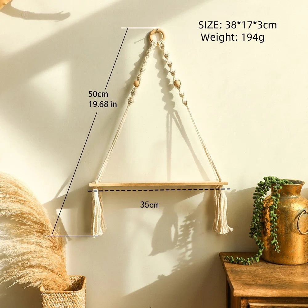 Boho Macrame Floating Wall Shelf — Rustic Wood Plant Shelf