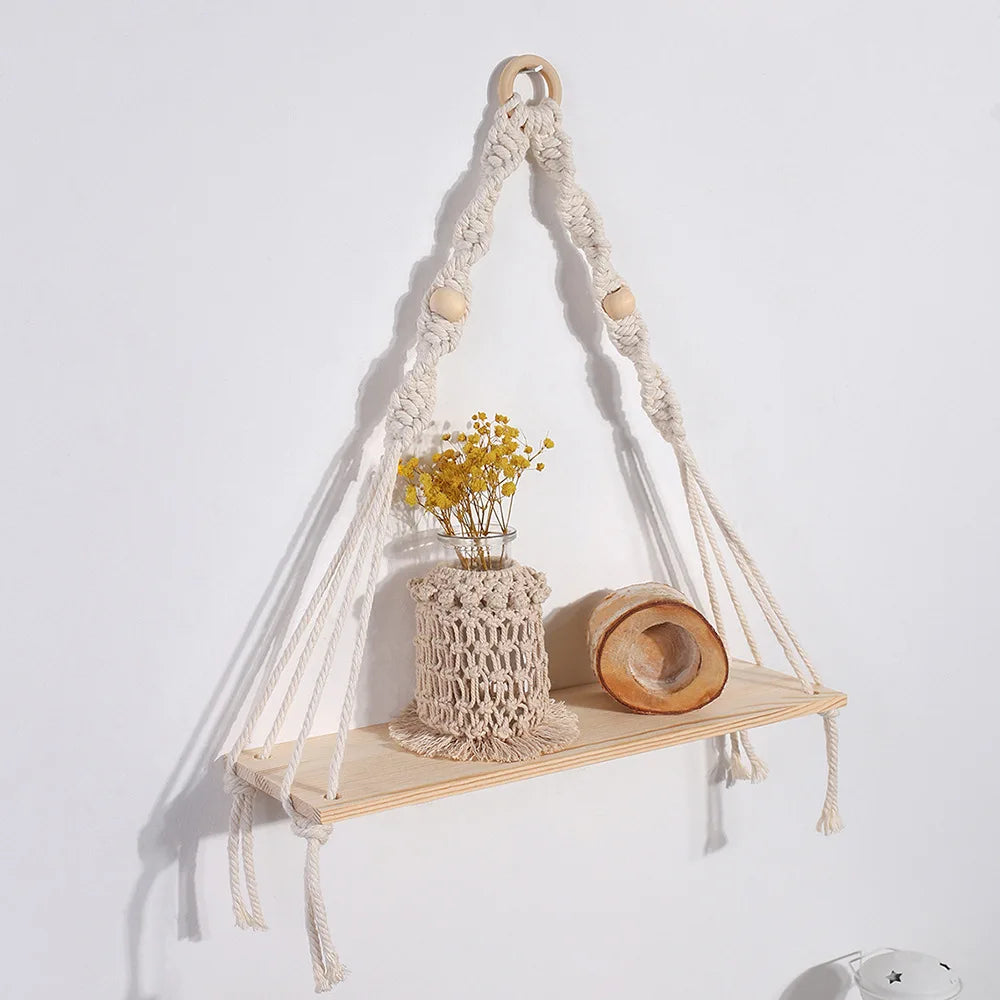 Boho Macrame Floating Wall Shelf — Rustic Wood Plant Shelf