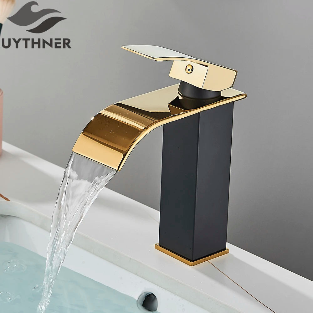 Brushed Gold Waterfall Bathroom Faucet — Single Lever Brass