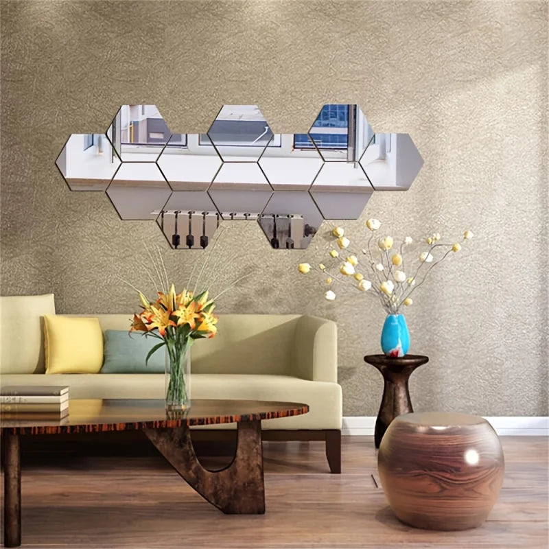Hexagonal 3D Mirror Wall Stickers — Set of 12, Self-Adhesive