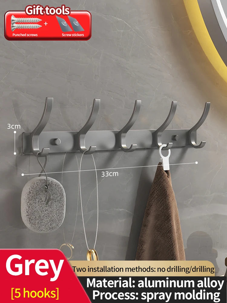 Punch-Free Door Back Hook Organizer — 6-Hook Aluminum Hanger