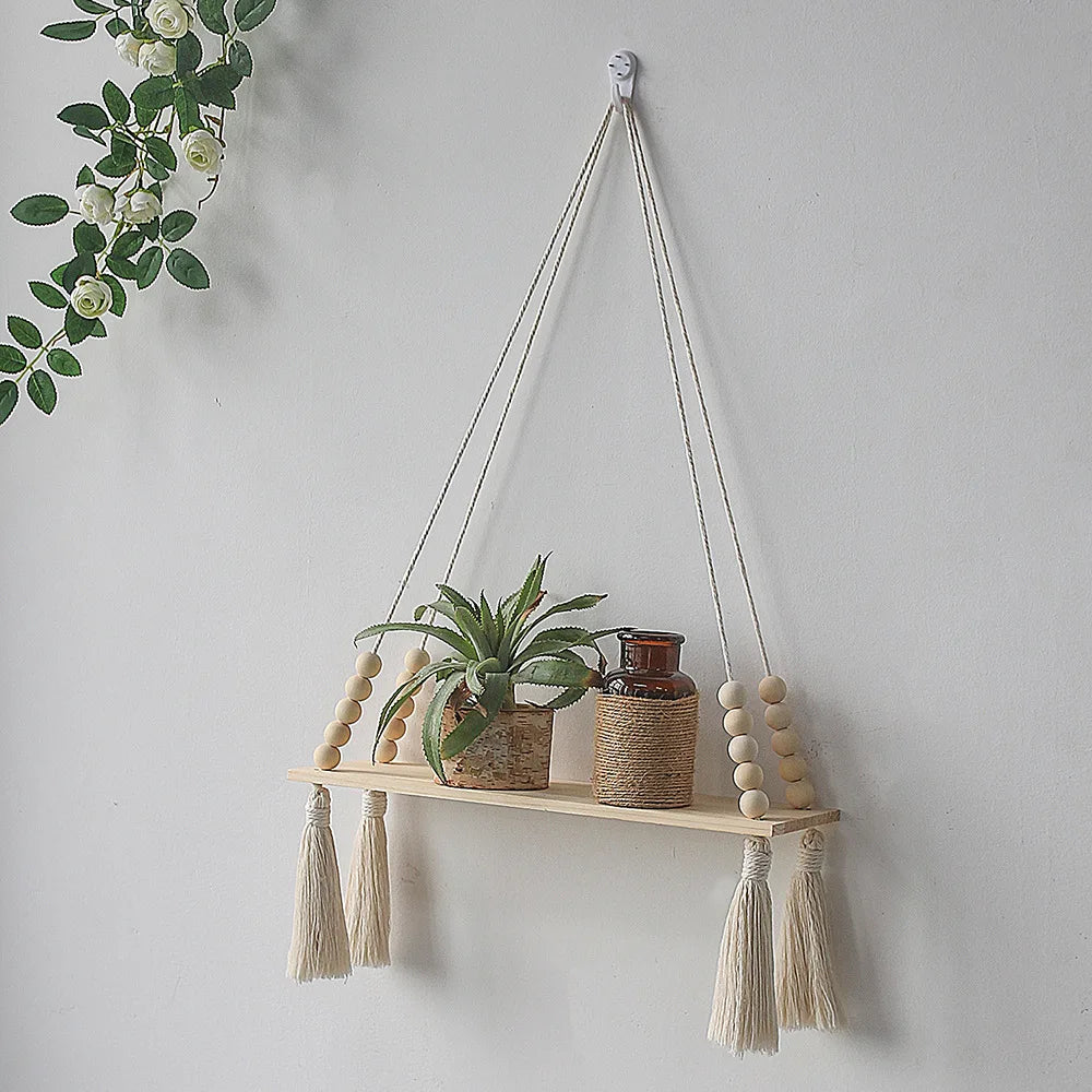 Boho Macrame Floating Wall Shelf — Rustic Wood Plant Shelf