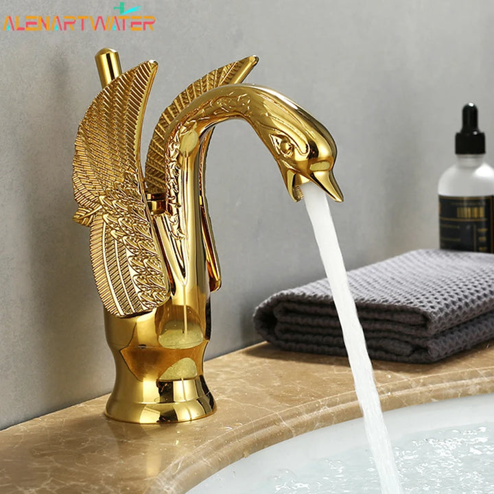 Gold Swan-Shape Basin Faucet — Single Handle, Deck Mount