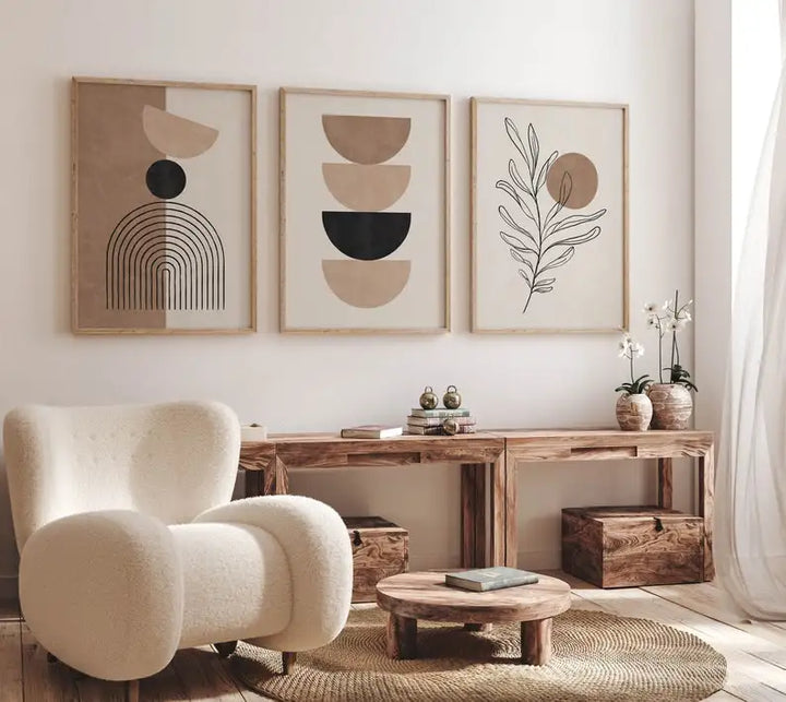 Neutral Beige Bohemian Line Art Canvas Print — Set of 3
