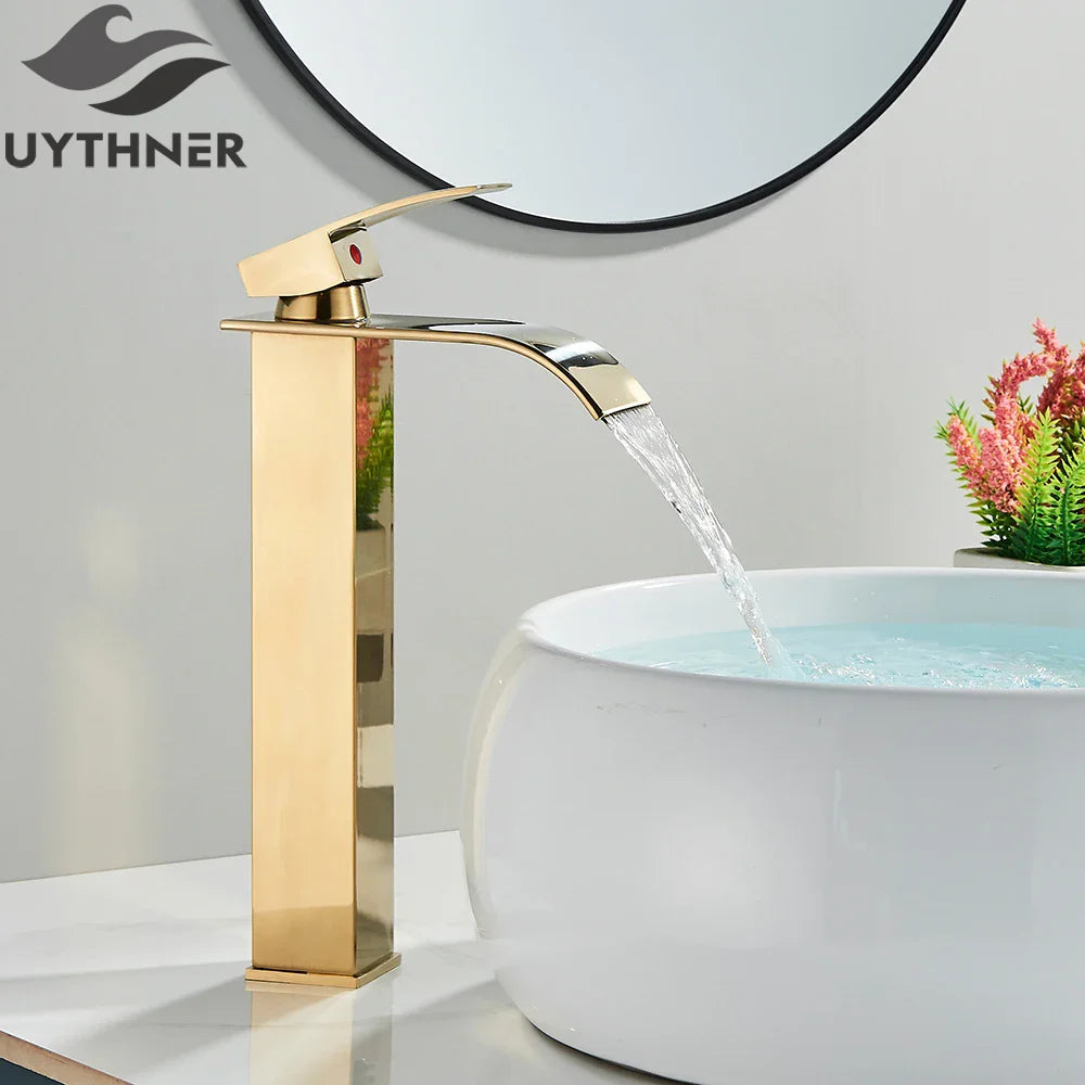 Brushed Gold Waterfall Bathroom Faucet — Single Lever Brass