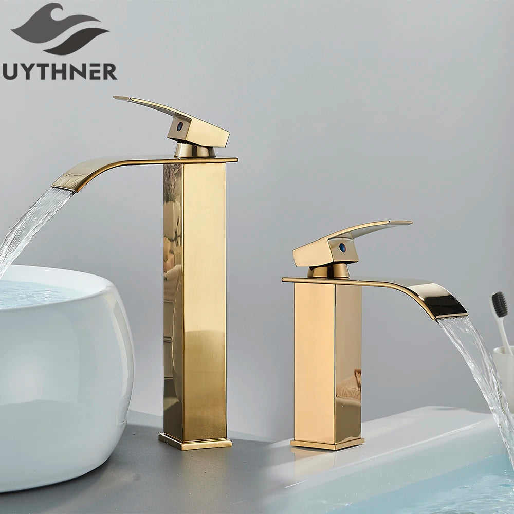 Brushed Gold Waterfall Bathroom Faucet — Single Lever Brass