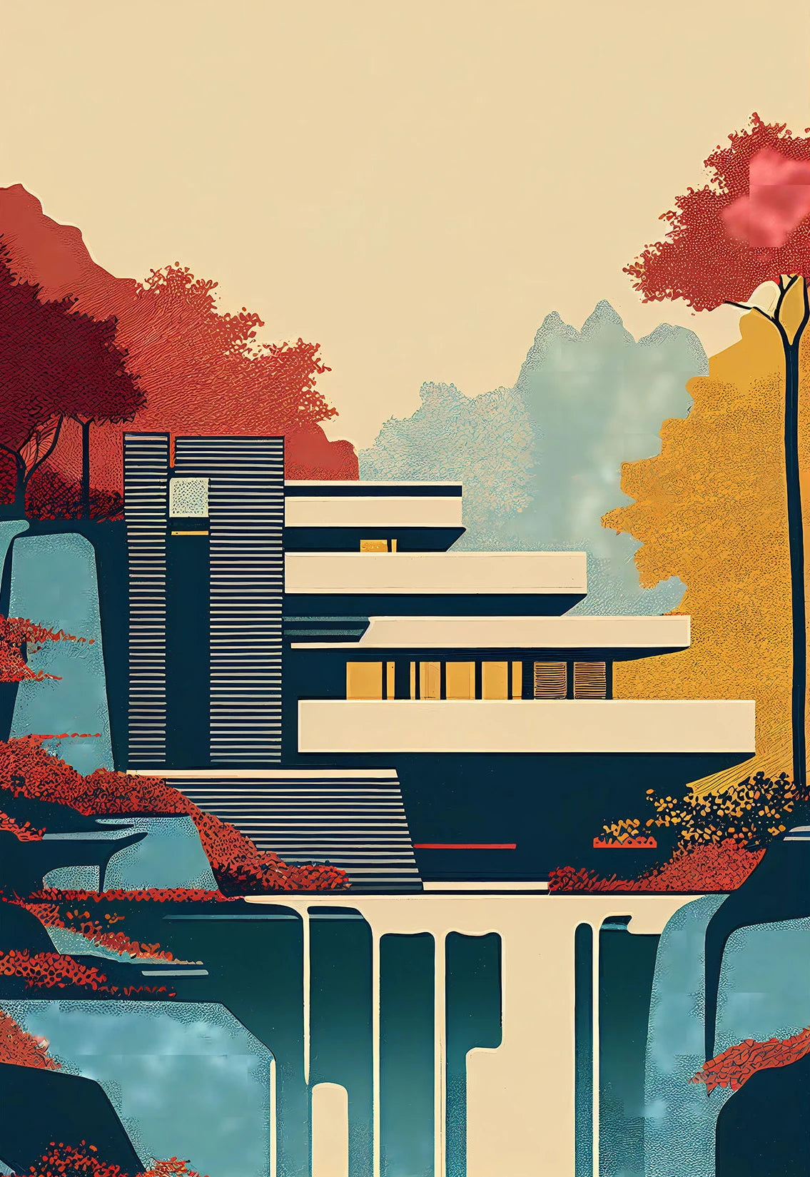Fallingwater Architecture Canvas Print — Bauhaus Minimalist Art