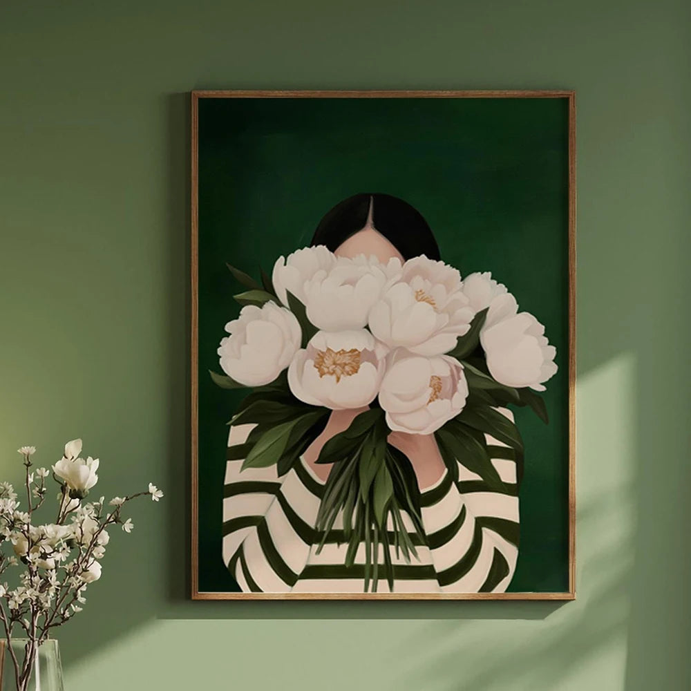 Emerald Abstract Woman with Flowers Canvas Print — Japandi Art