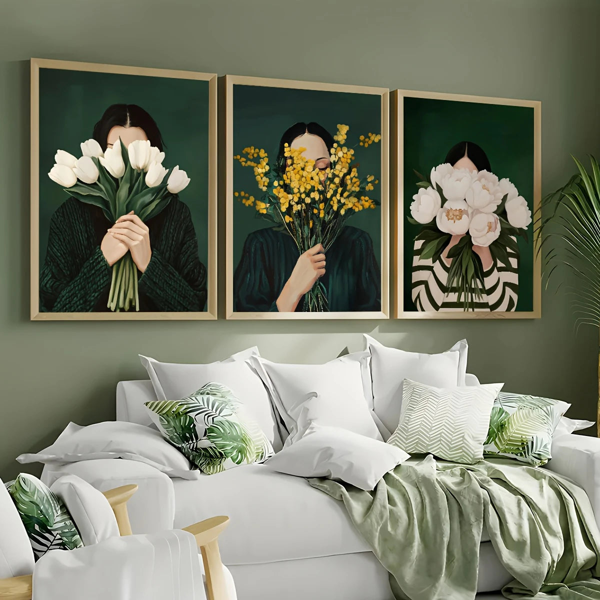 Emerald Abstract Woman with Flowers Canvas Print — Japandi Art