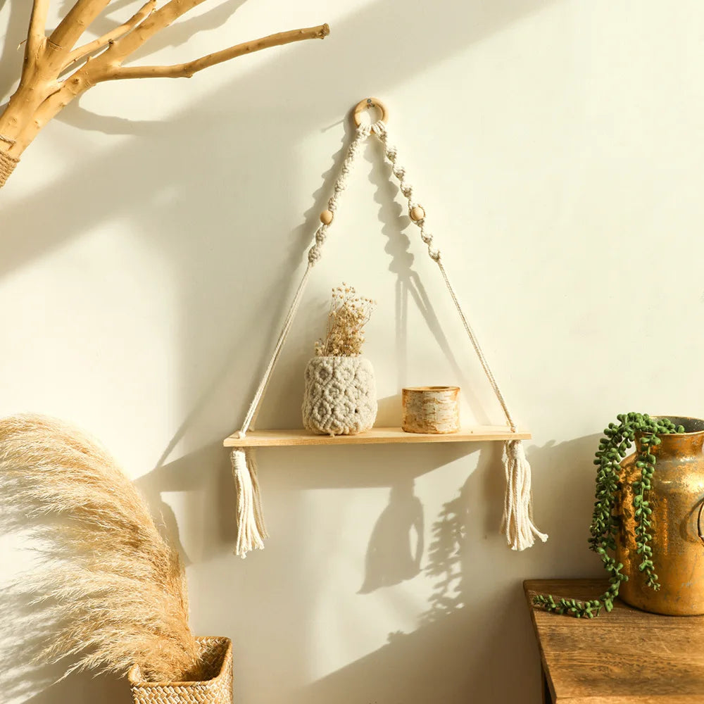 Boho Macrame Floating Wall Shelf — Rustic Wood Plant Shelf
