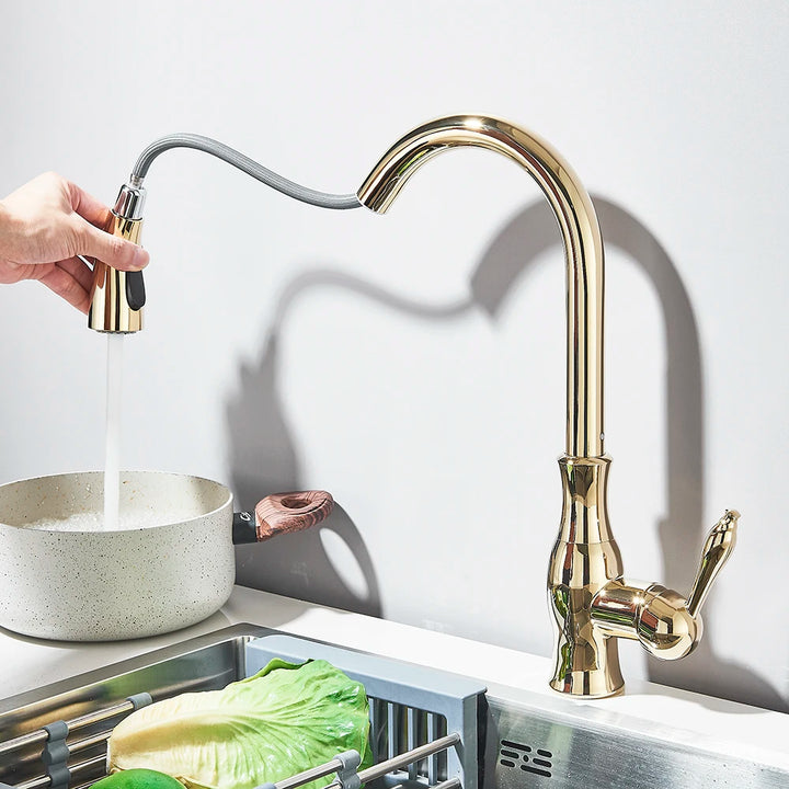 Gold Swivel Kitchen Faucet — Pull-Down Sprayer, Brass