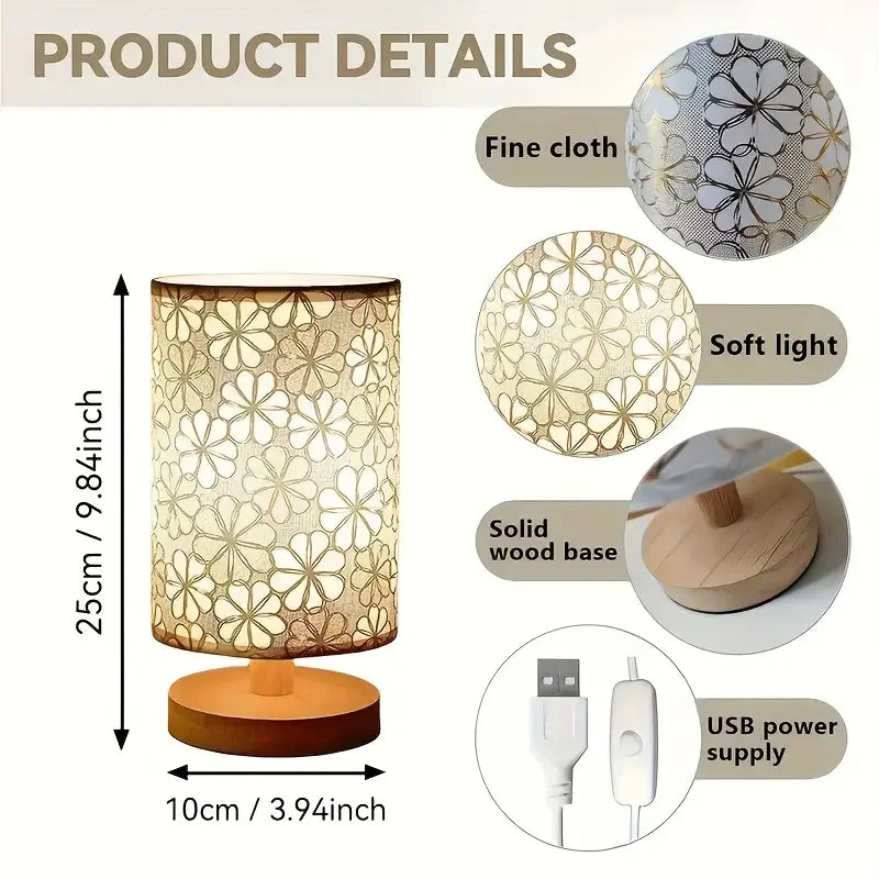 Fabric Table Lamp with Wooden Base — USB, 3-Tone Light