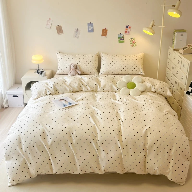 Satin Duvet Cover Set — 3-Piece, Black Dot Print