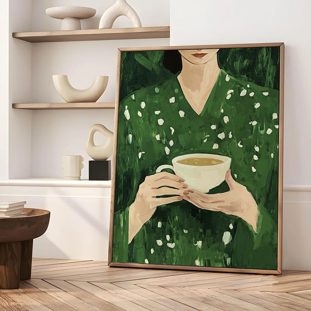 Emerald Abstract Woman with Flowers Canvas Print — Japandi Art