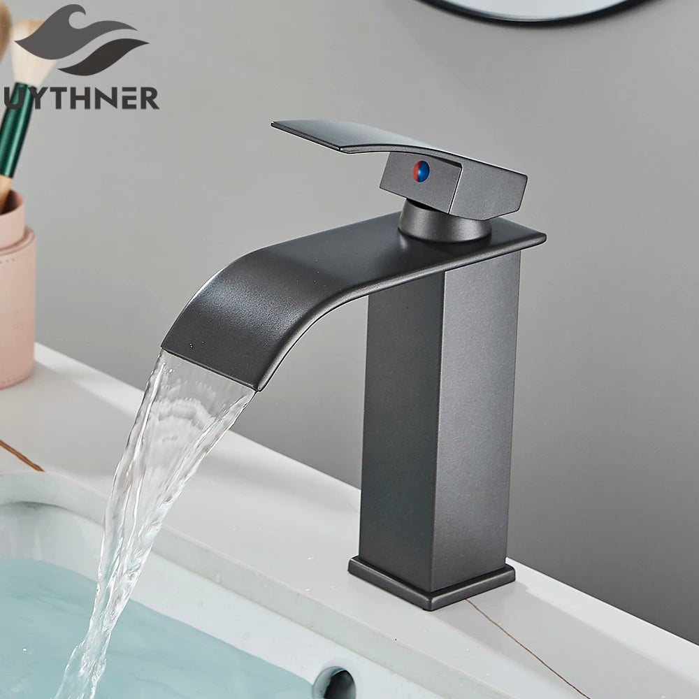 Brushed Gold Waterfall Bathroom Faucet — Single Lever Brass