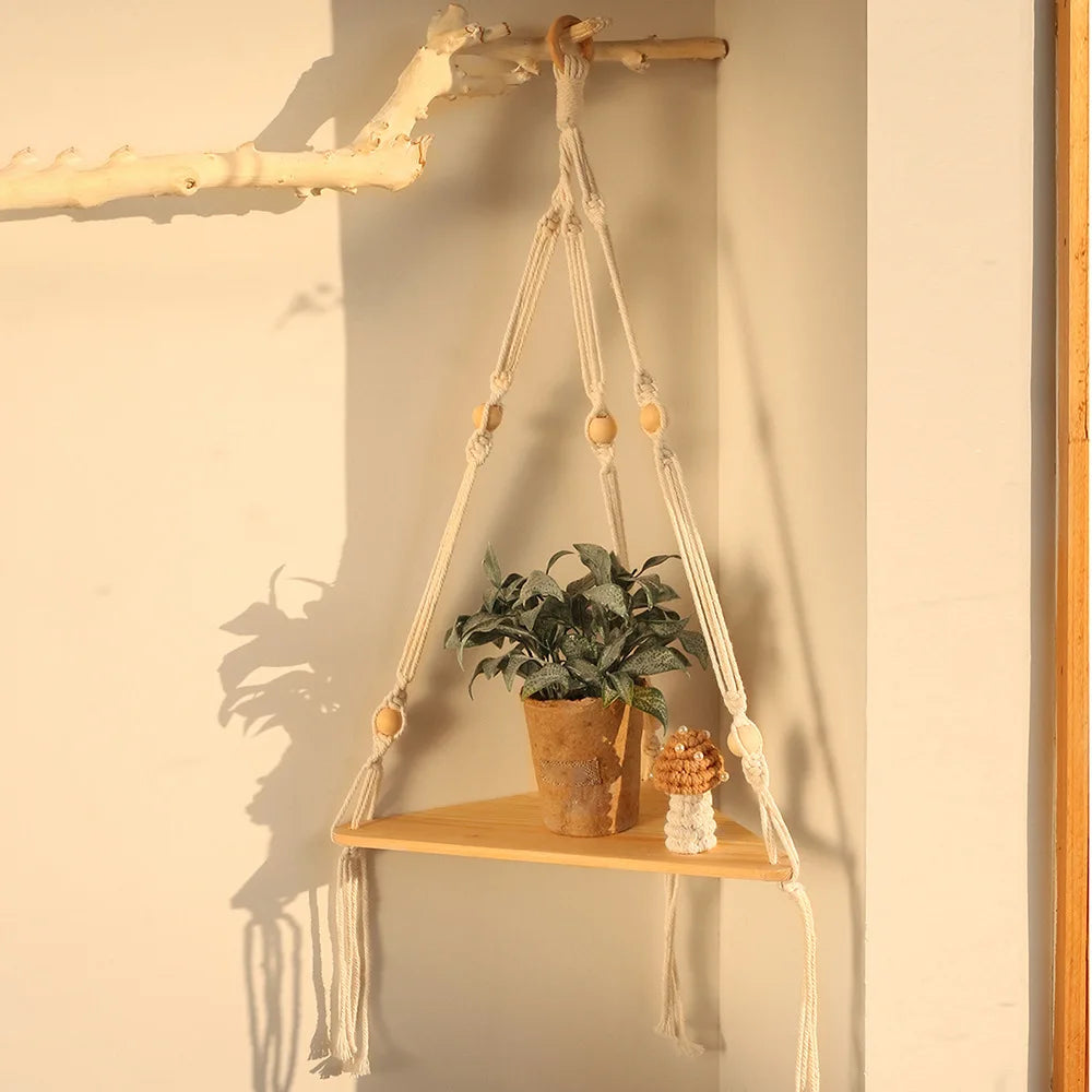 Boho Macrame Corner Shelf — Floating Wood Wall Shelf