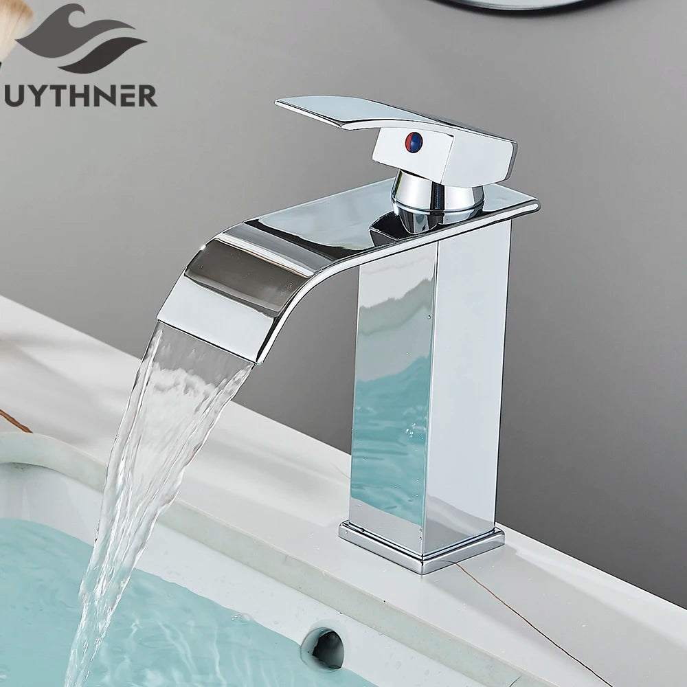 Brushed Gold Waterfall Bathroom Faucet — Single Lever Brass