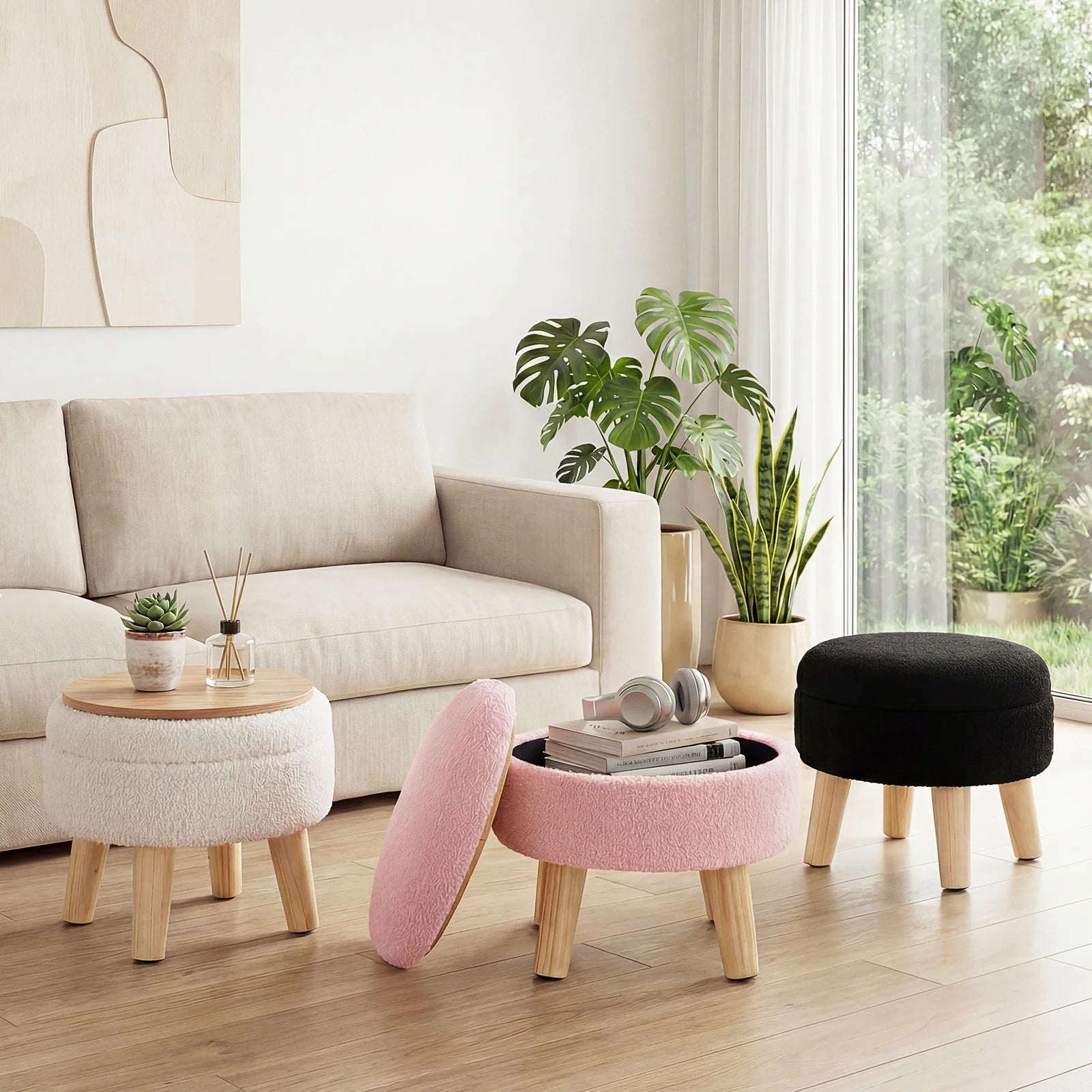 Round Velvet Storage Ottoman with Hidden Storage