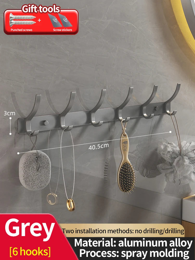 Punch-Free Door Back Hook Organizer — 6-Hook Aluminum Hanger