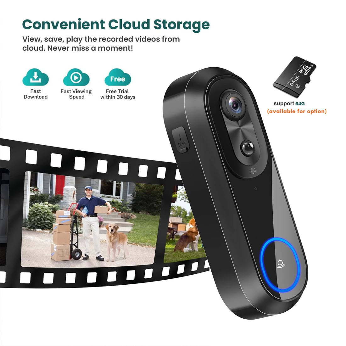Smart Video Doorbell — 1080P WiFi, 7000mAh Battery